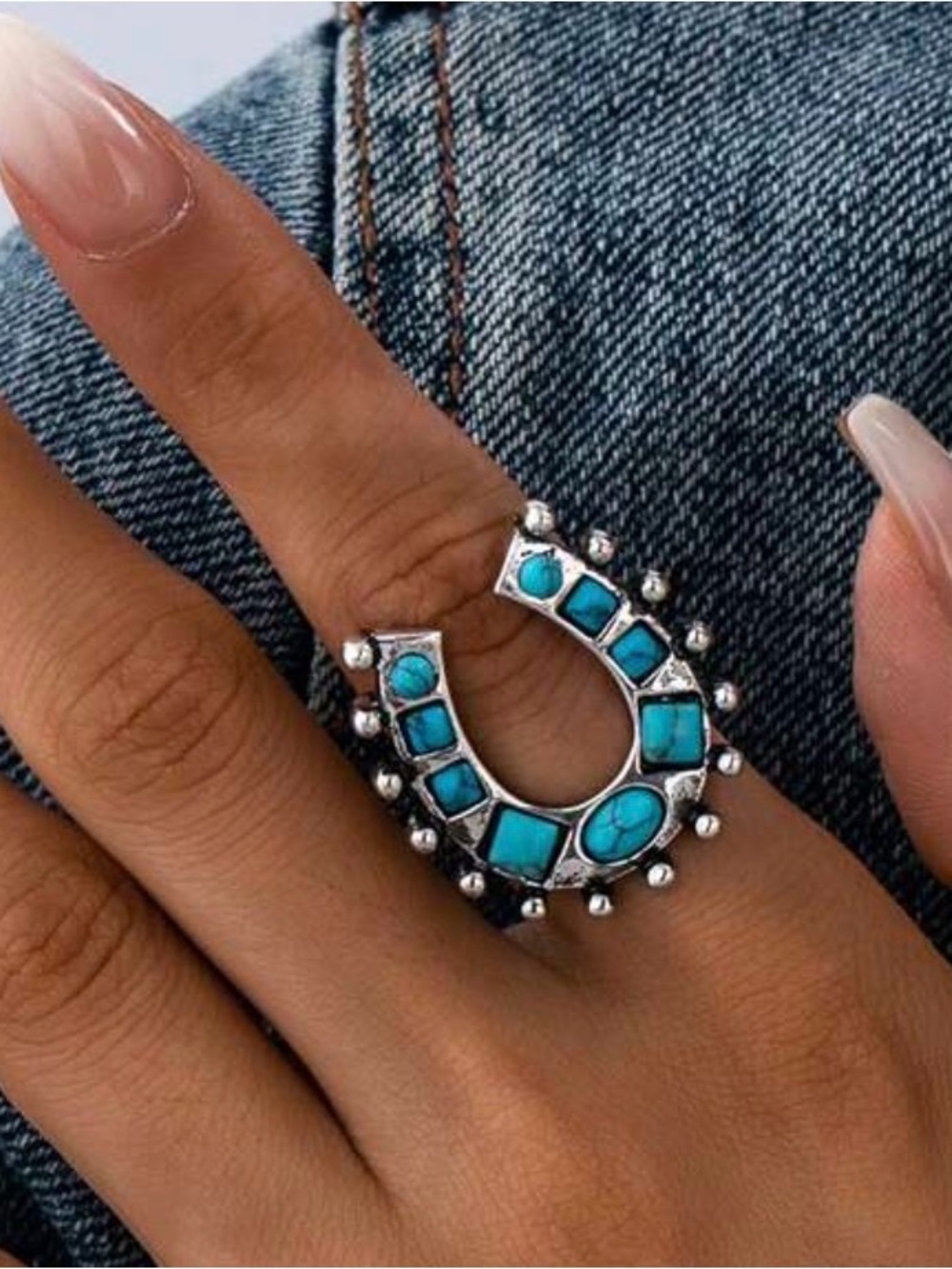 Western Ring Turquoise Color Stone Open Horseshoe Silver Ring - Women's Jewelry